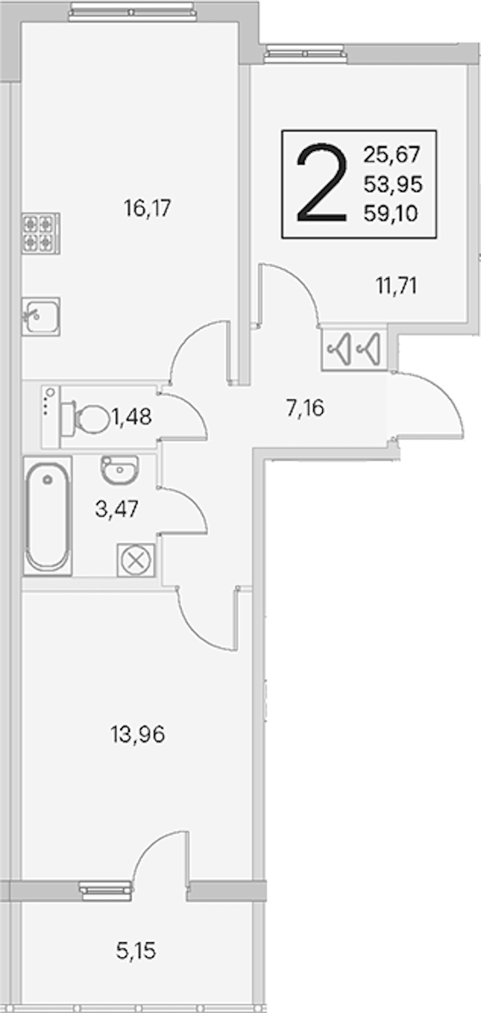 2-комнатная квартира 53.95 м², 2/4 эт., ЖК «Любоград в Стрельне»